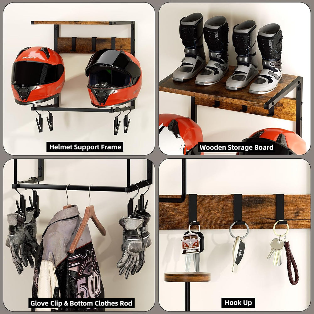 Urban Deco Motorcycle Helmet Holder Wall Mount Rack with 2 Hat Stands