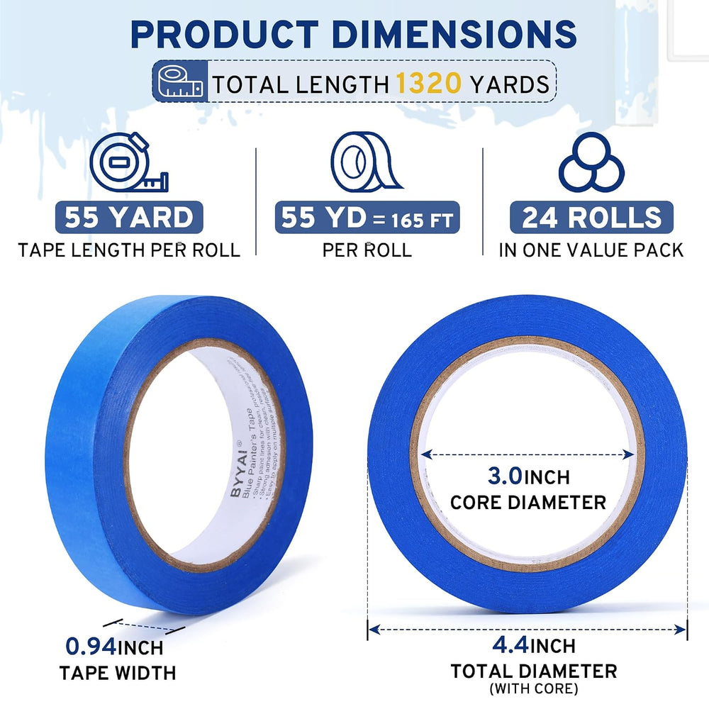 24 Rolls Painters Tape 1 Inch Wide, Blue Masking Tape Bulk 1320 Yards