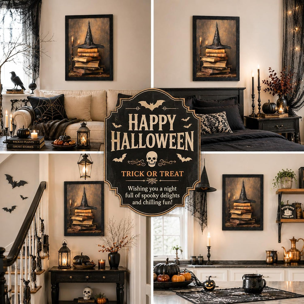 Framed Halloween Wall Art Witch Hat and Spell Books Pictures Painting Dark Ac...