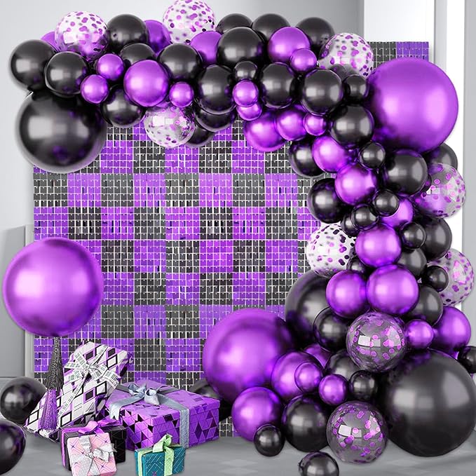 12PCS Black Purple Shimmer Wall Backdrop, Square Sequin Photo Backdrops Panel...