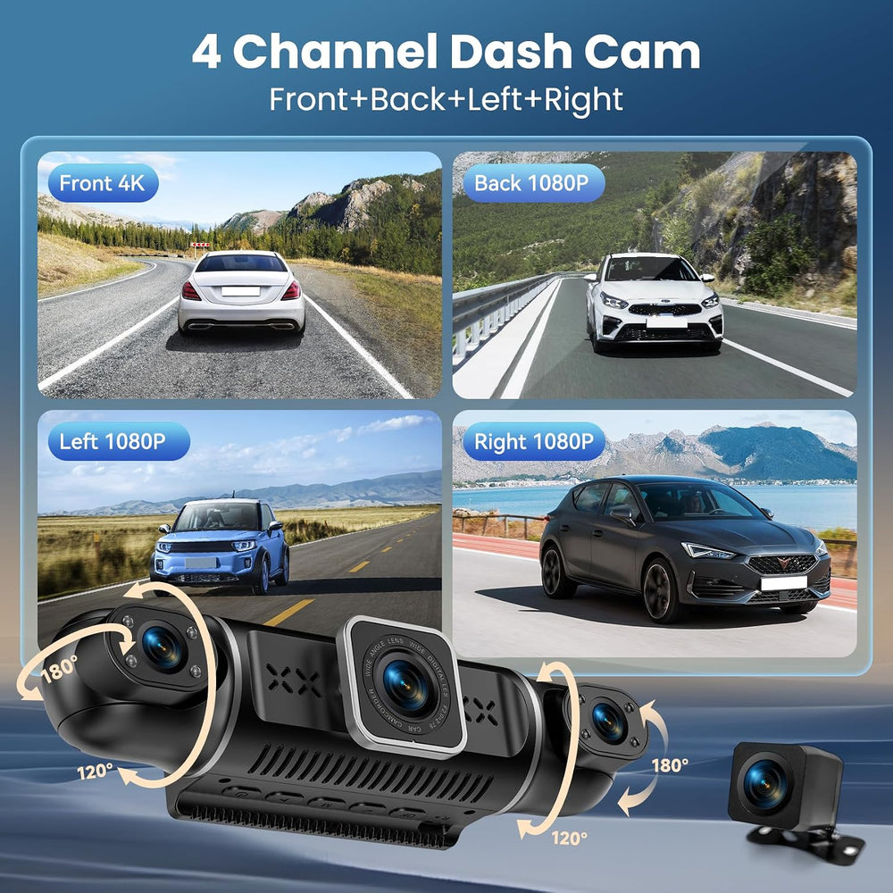 360ยฐView 4 Channel Dash Cam, 4K+1080P Front and Rear Inside Left Right, Dash ...