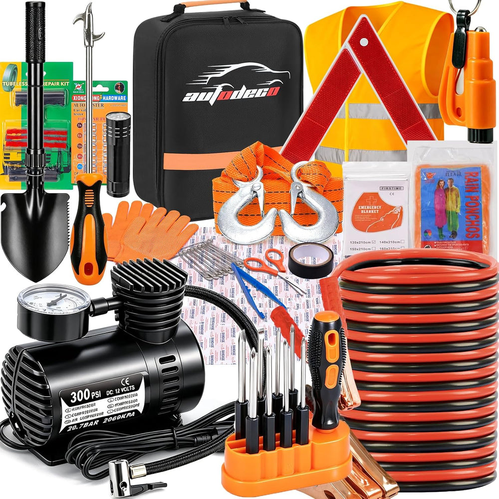 Car Emergency Roadside Assistance Kit with Jumper Cables Tire Inflator Automo...