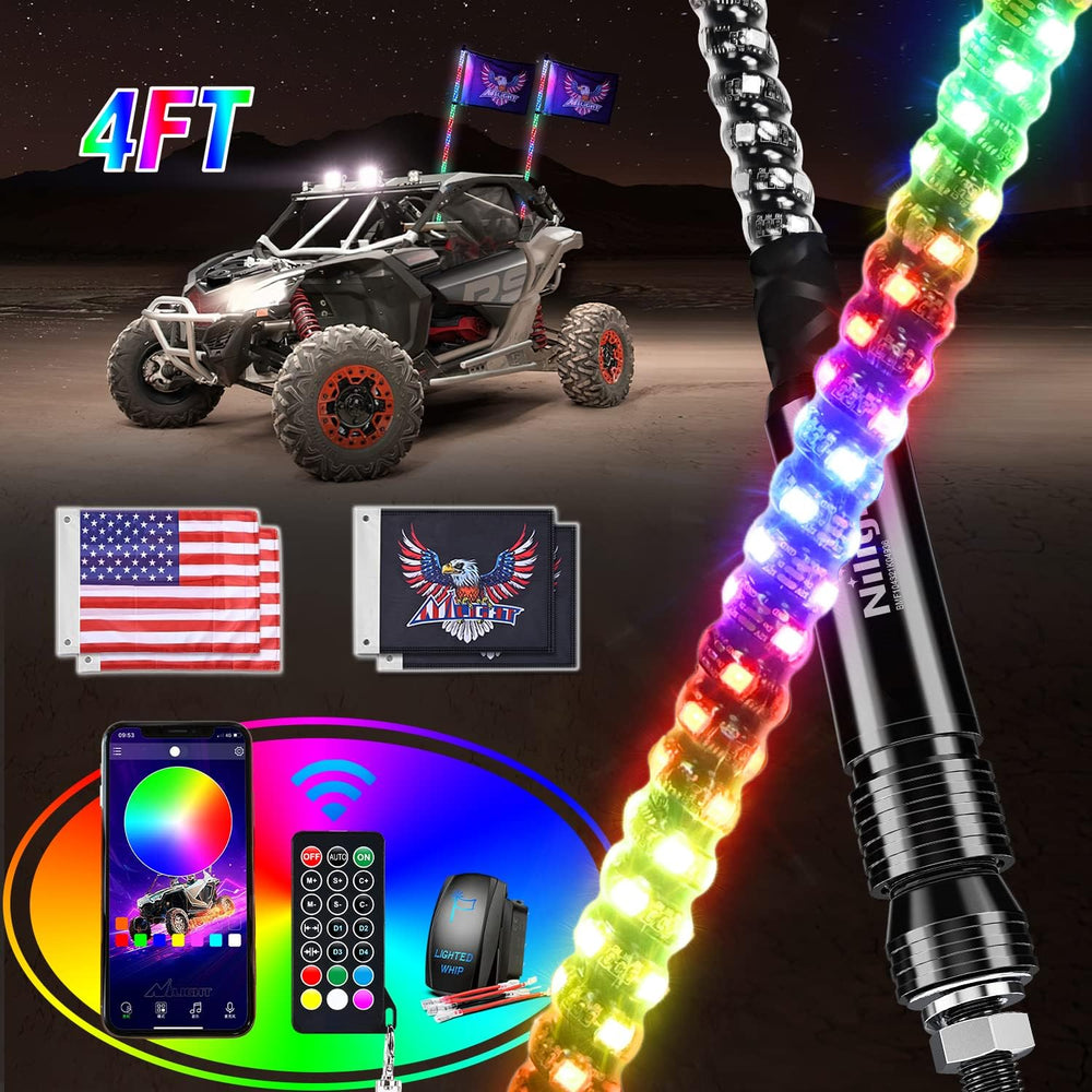 Nilight 2PCS 4FT RGB LED Whip Lights APP & Remote Control, DIY Lighted Whip