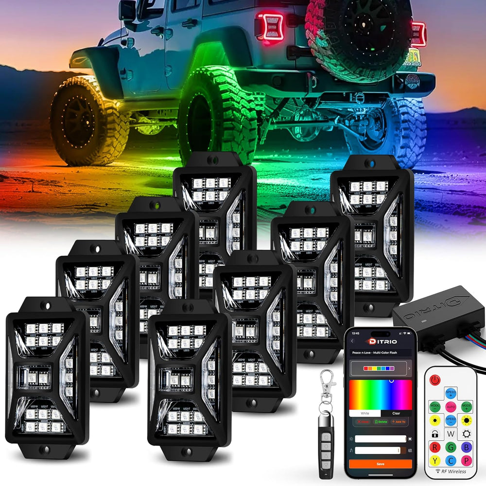 8 Pods Five Sided RGB Rock Lights for Trucks, Chasing Color App & Remote