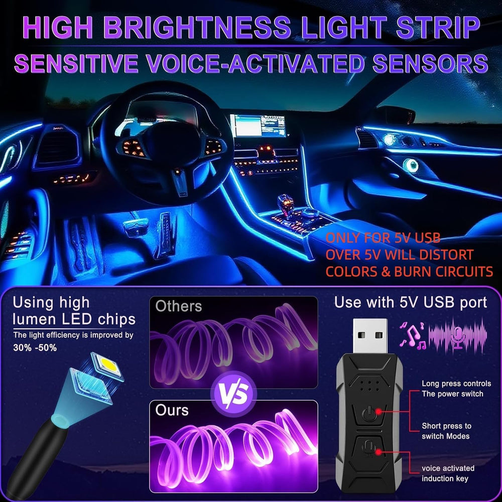 LivTee Smart LED Car Lights Interior with USB Port, LED Strip Fiber Optic Amb...