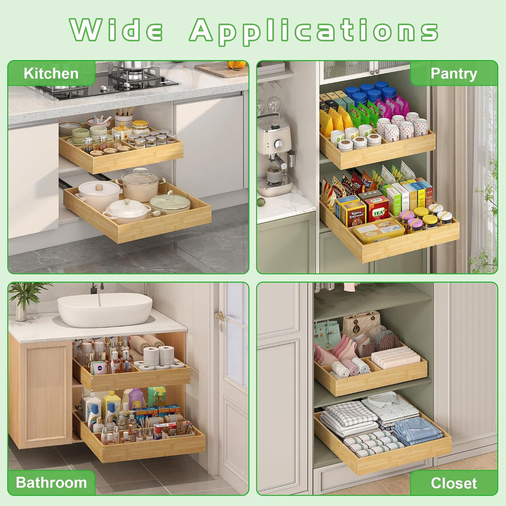 No Drill Pull Out Drawers for Cabinets, 20" W x 21" D Bamboo Adhesi...