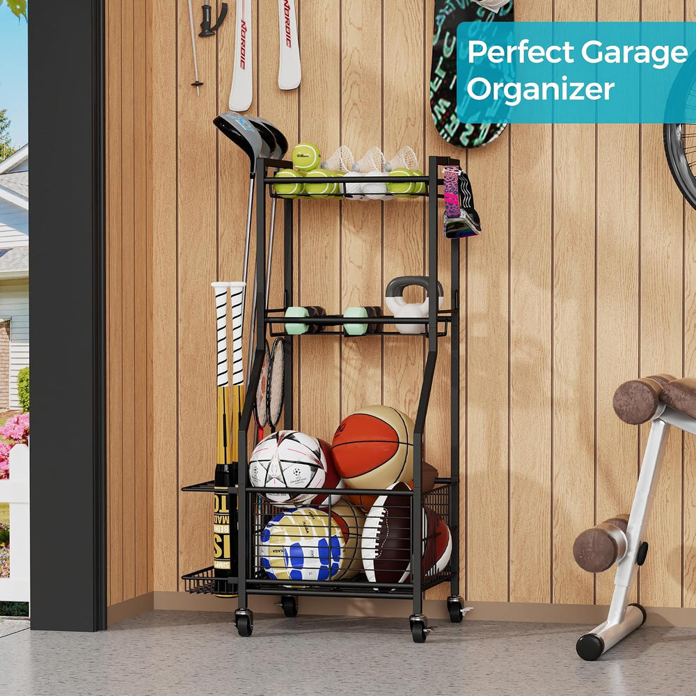 Sports Equipment Storage Rack with Wheels, 3-Tier Ball Organizer