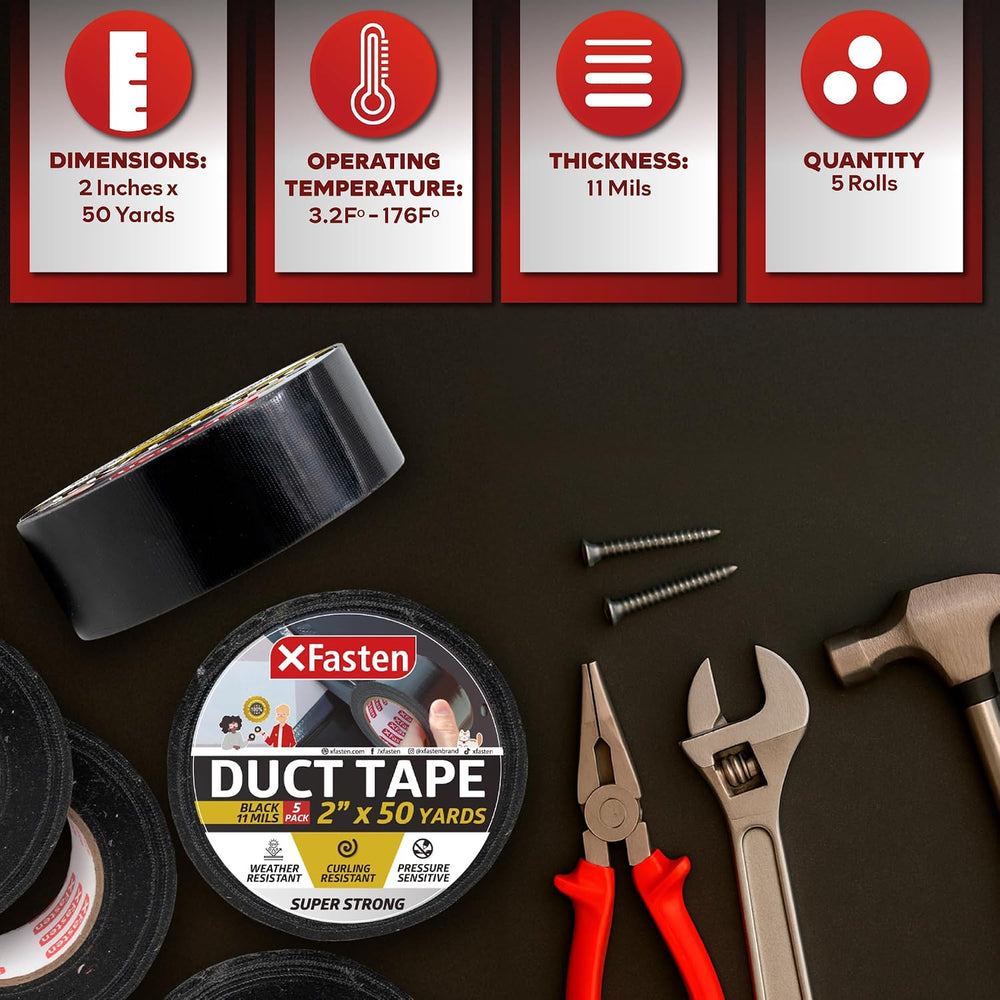 XFasten Black Duct Tape Heavy Duty Waterprooof Super Strong 2โ x 50 Yards (5-...