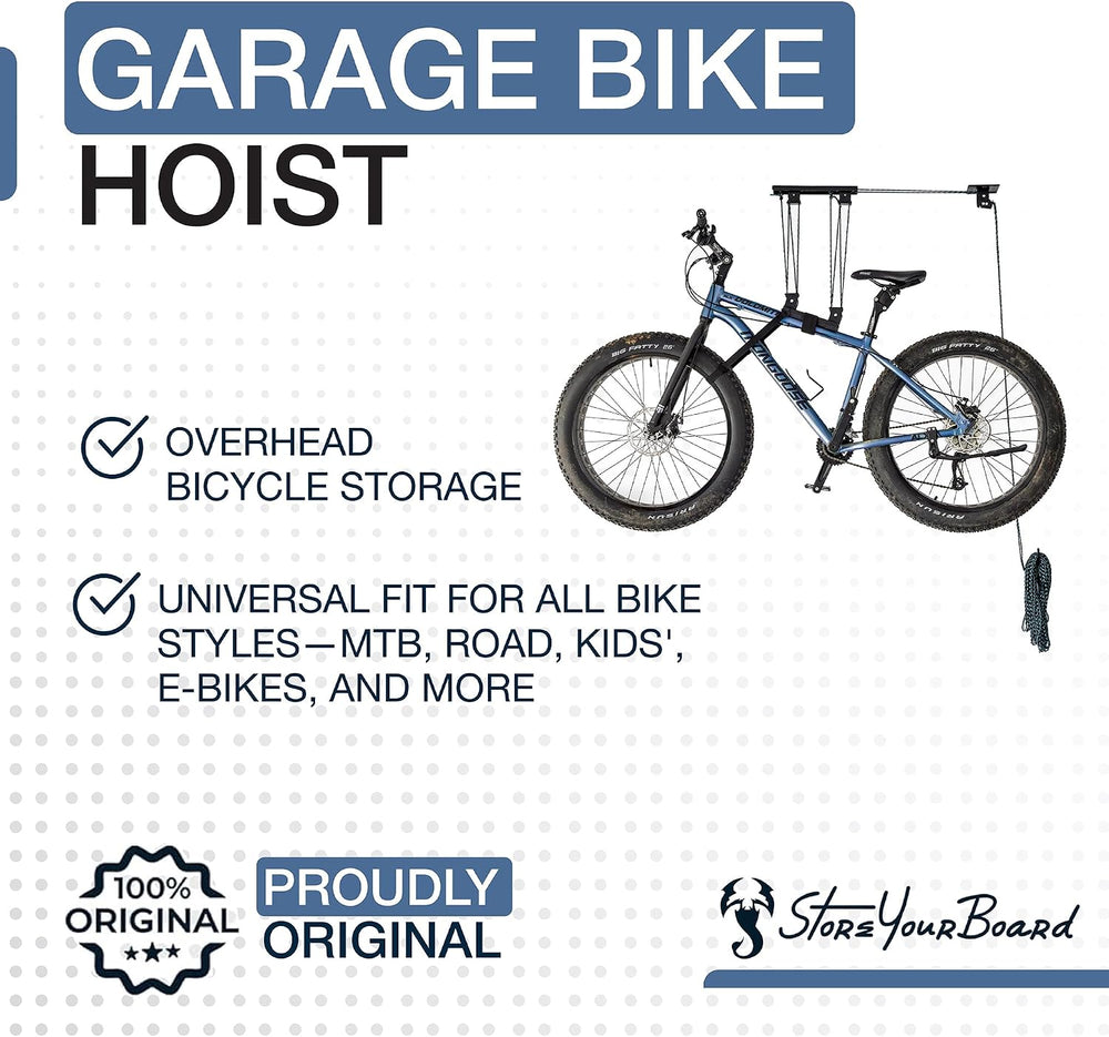 StoreYourBoard Bike Hoist for Garage Ceiling, Pulley Lift System, No Slip