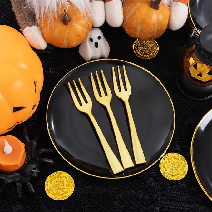 Festiva 200Pcs Black Gold Dessert Plates 6.3" with Plastic Forks 5"...