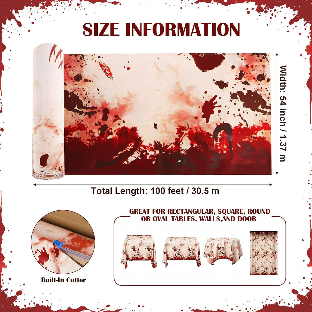 100FT x 54IN Halloween Bloody Print Plastic Tablecloth Roll with Cutter Box