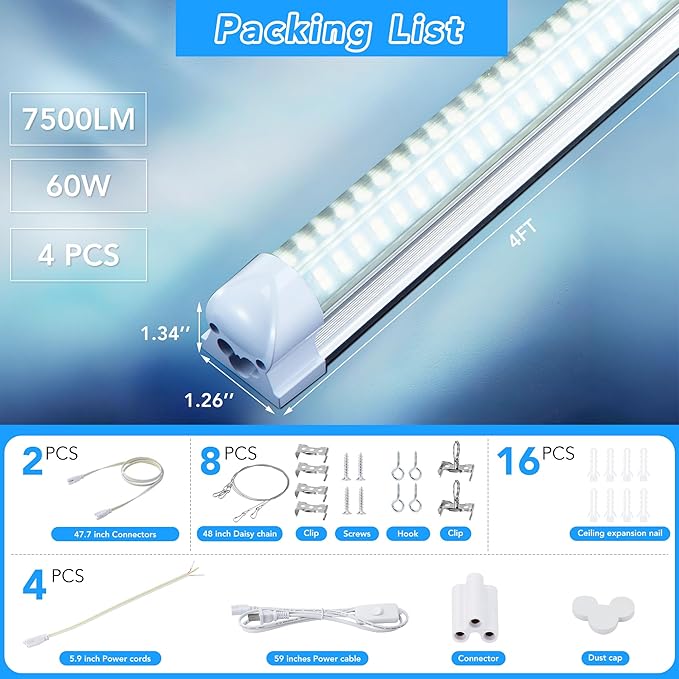 T8 LED Shop Lights 4FT, 4 Pack 60W 9600LM 6000K Daylight White, Linkable