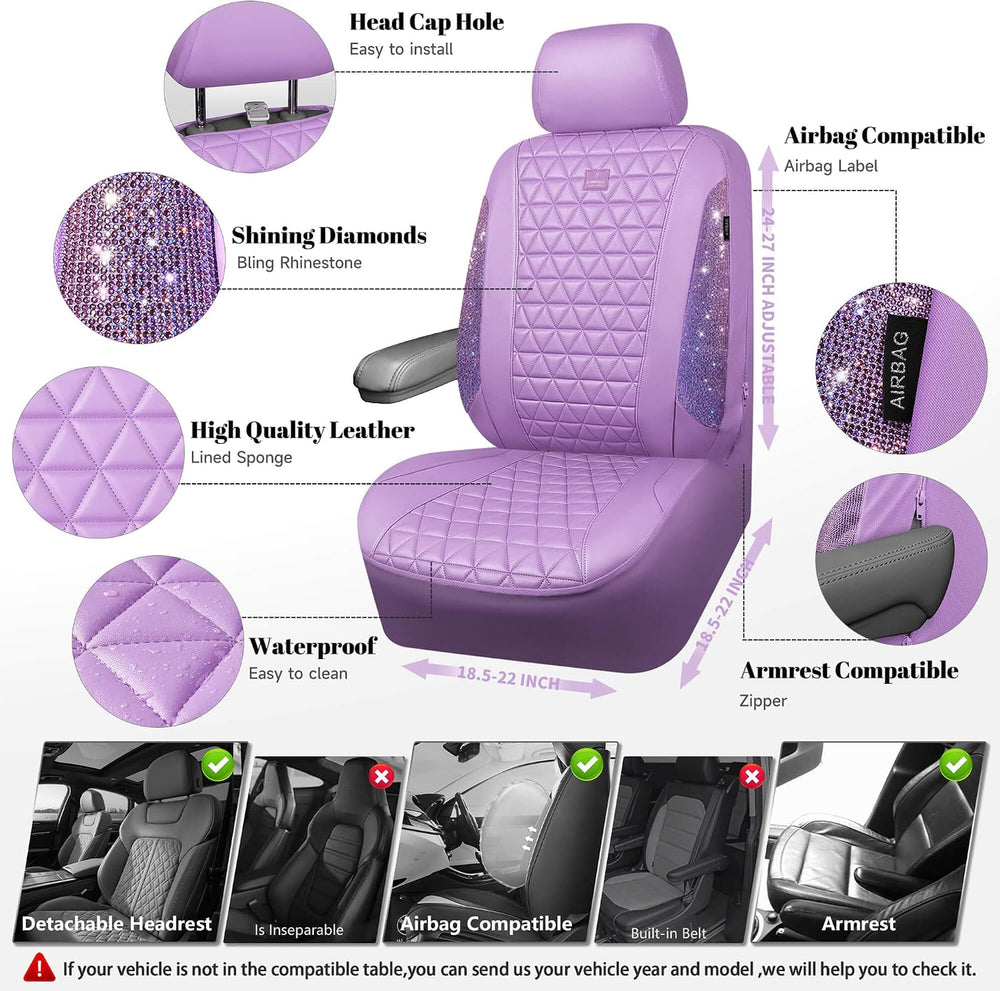 CAR PASS Light Purple Bling Diamond Leather Car Seat Covers Full Sets, Waterp...