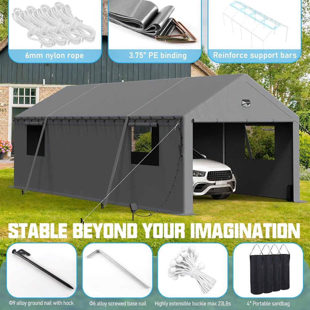 13x25 Heavy Duty Carport, Portable Garage with Doors & Windows