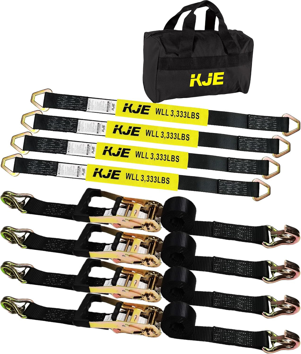 KJE Heavy Duty Car Trailer Tie Down Straps 4 Pack Kit - 2" x 8' Ratc...