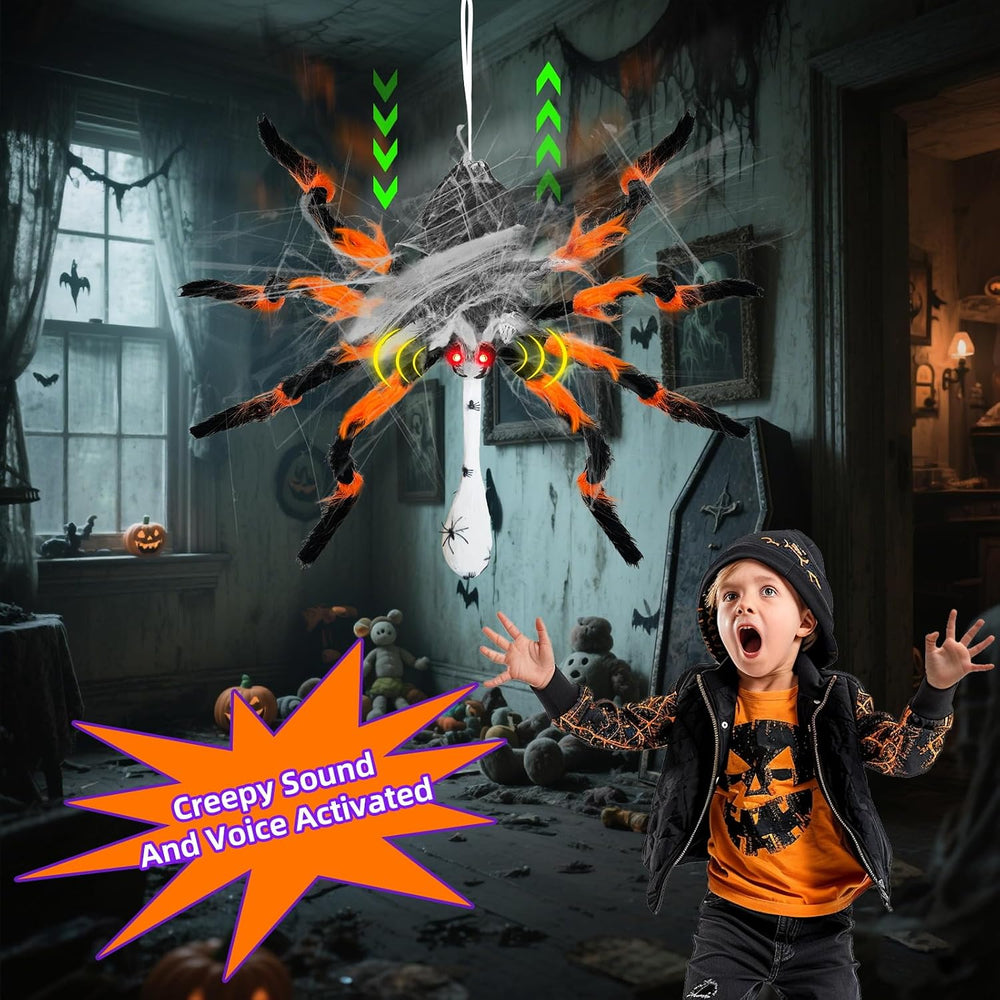 44" Halloween Animatronic Giant Hanging Spider Move Up & Down with E...