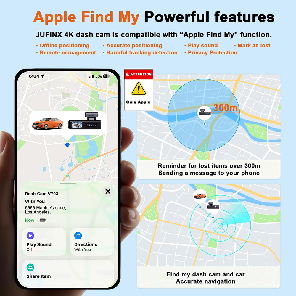 4K Dash Cam Front and Rear,with “Apple Find My” Function, 5.8GHz WiFi