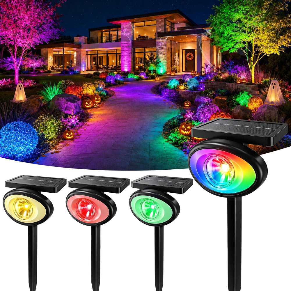 Solar Spot Lights Outdoor Waterproof,10Modes RGB Halloween Spotlights 4Pack