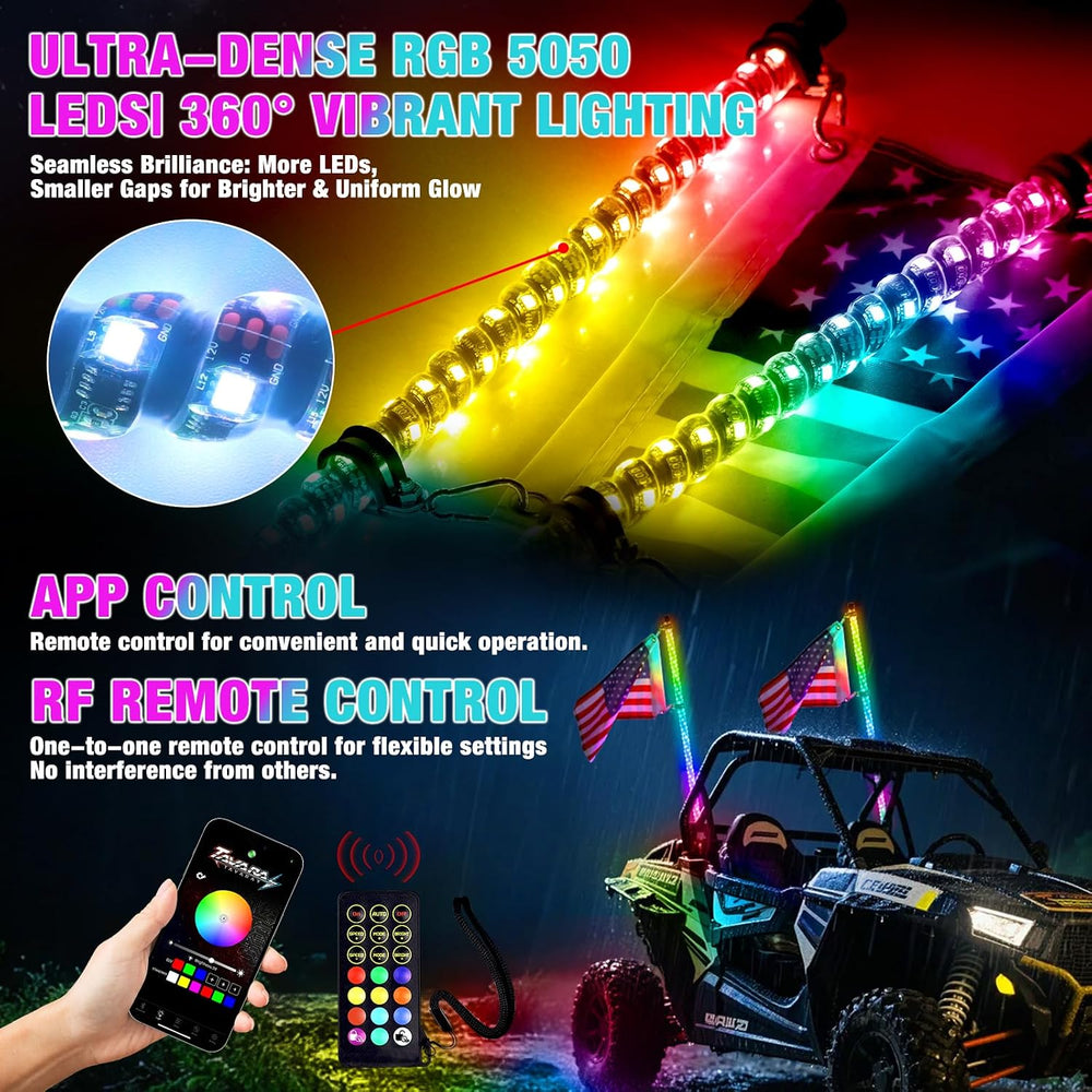 2PCS 3FT LED Whip Lights for UTV/ATV, APP & Remote Control, Chasing Color...