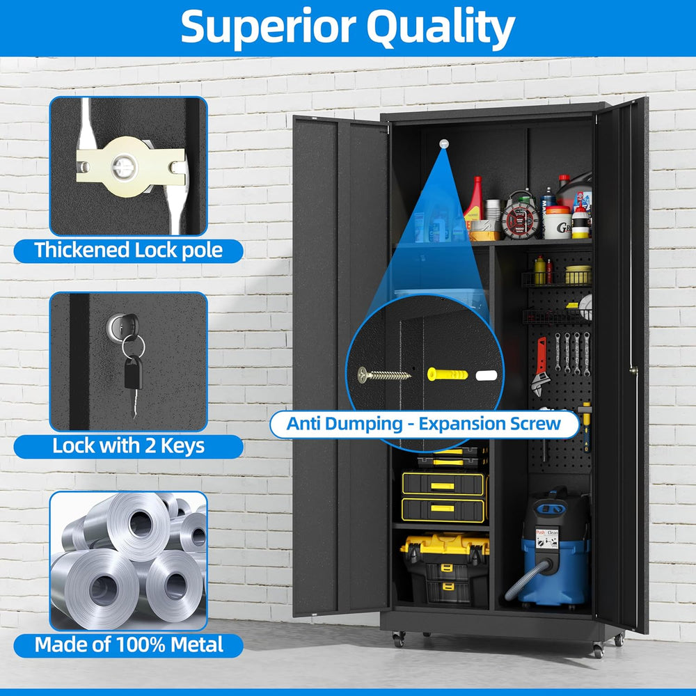 Garage Storage Cabinet with 4 Wheels,Lockable Tool Cabinets with Pegboard and...