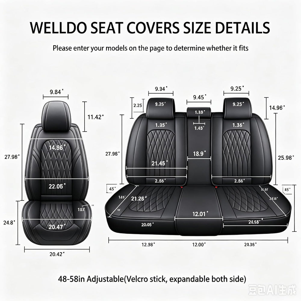 WELLDO Nappa Faux Leather Car Seat Cover Full Set, Black