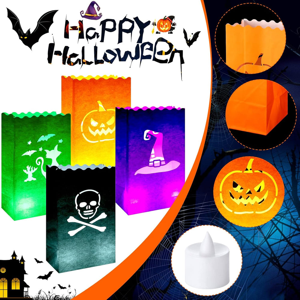 Meanplan 48 Pcs Halloween Luminary Bags with LED Light Candles Set, Novel