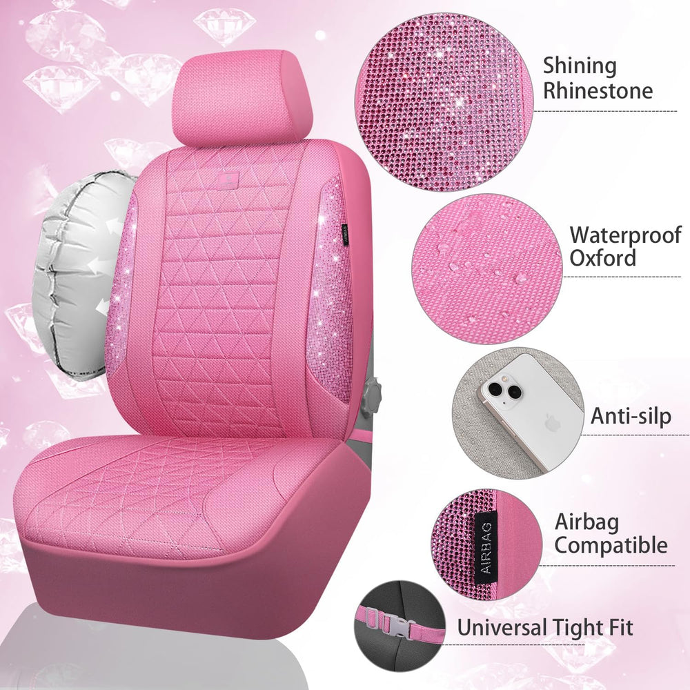CAR PASS Pink Oxford Bling Diamond Car Seat Covers Full Set Interior Sets, Wa...