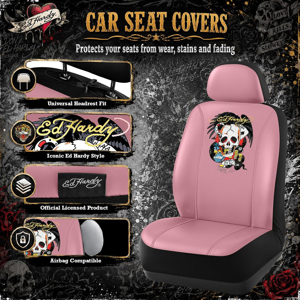 ED HARDY Casino Skull Car Seat Covers, Pink Premium Leather Seat Covers