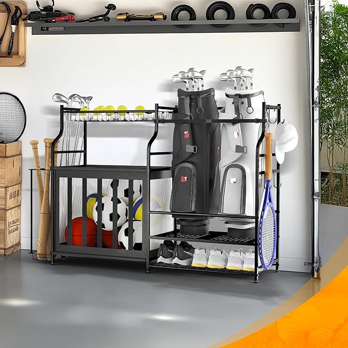 PLKOW Sports Equipment Organizer Rack, Garage Ball Rack, 2 Golf Bag Storage and