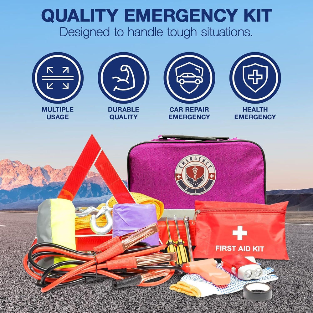 Roadside Assistance Emergency Car Kit - First Aid Kit, Jumper Cables, Tow Str...