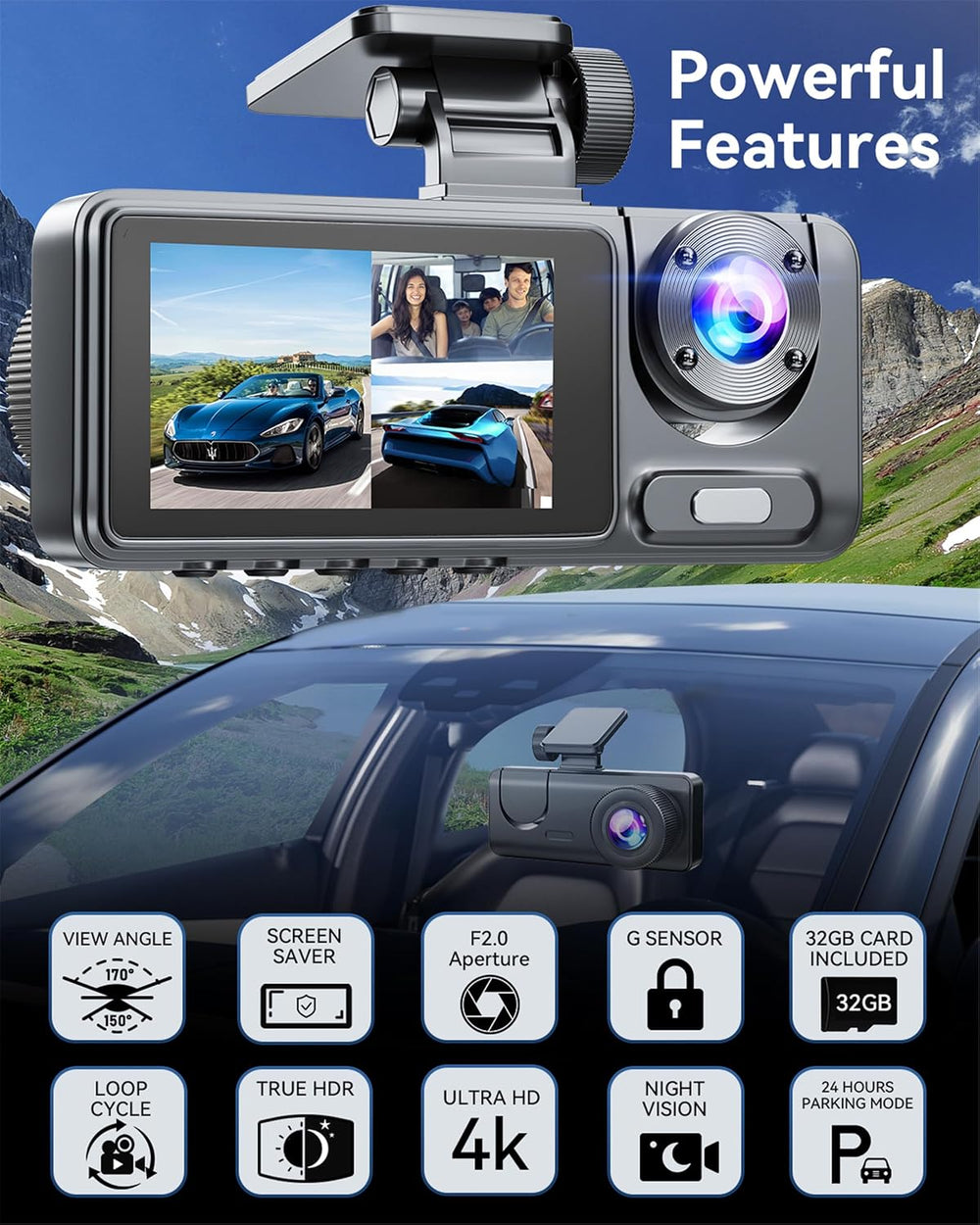 Dash Cam Front and Rear with 3 Channel, 4K Full UHD Car Camera