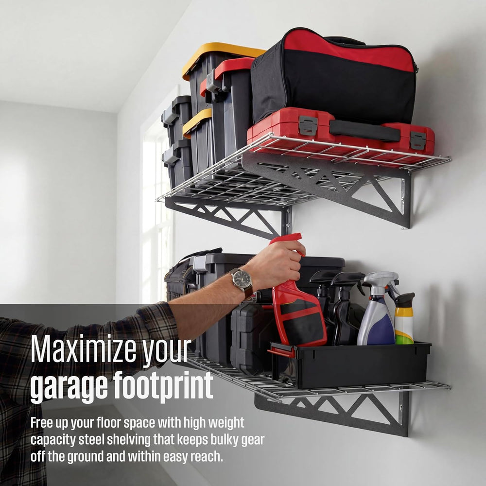 SafeRacks 2-Pack 18x48 Steel Garage Wall Shelf with Hooks, Hammertone