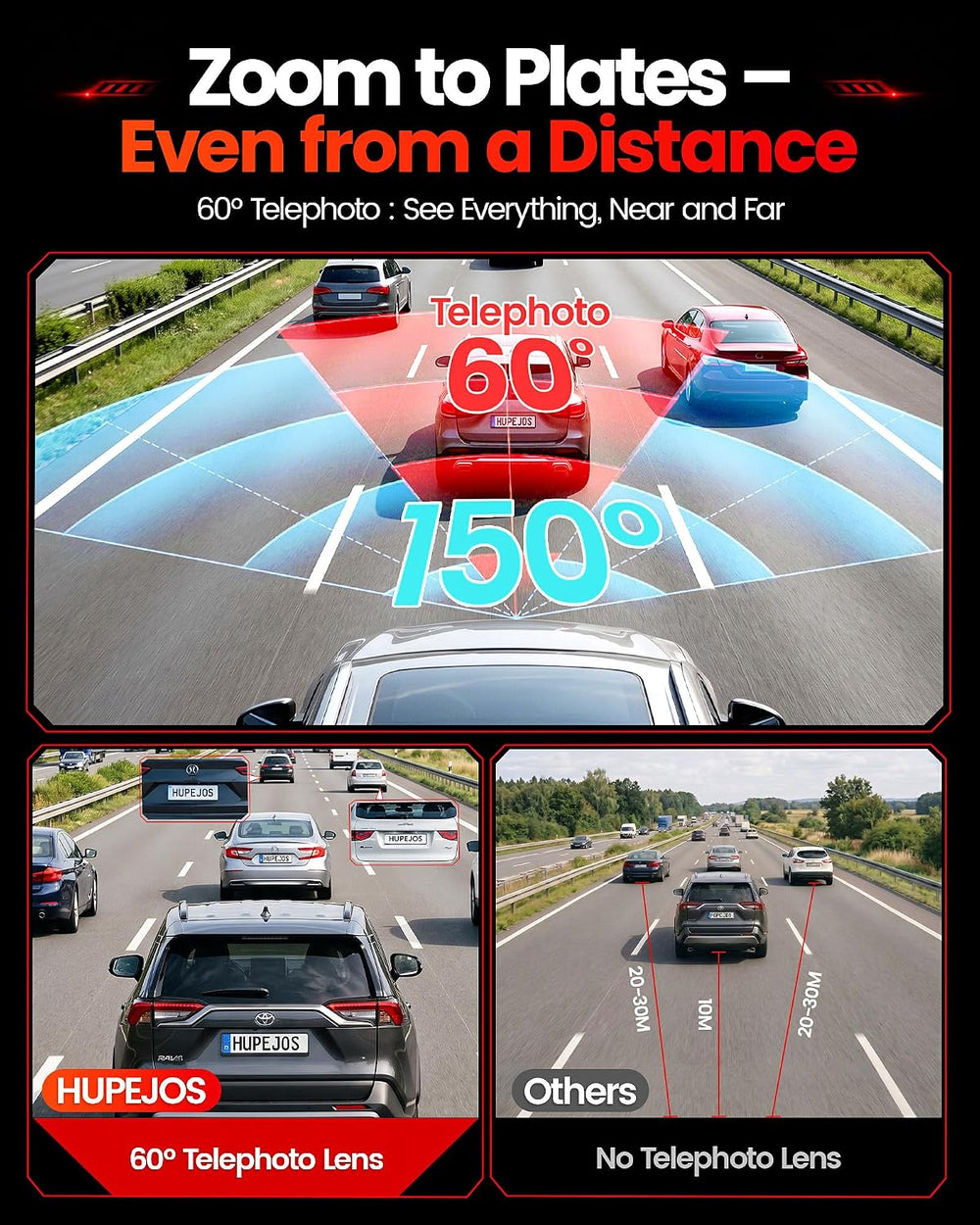 AI 5 Channel Telephoto Dash Cam Front and Rear, 4K 360° Camera Car