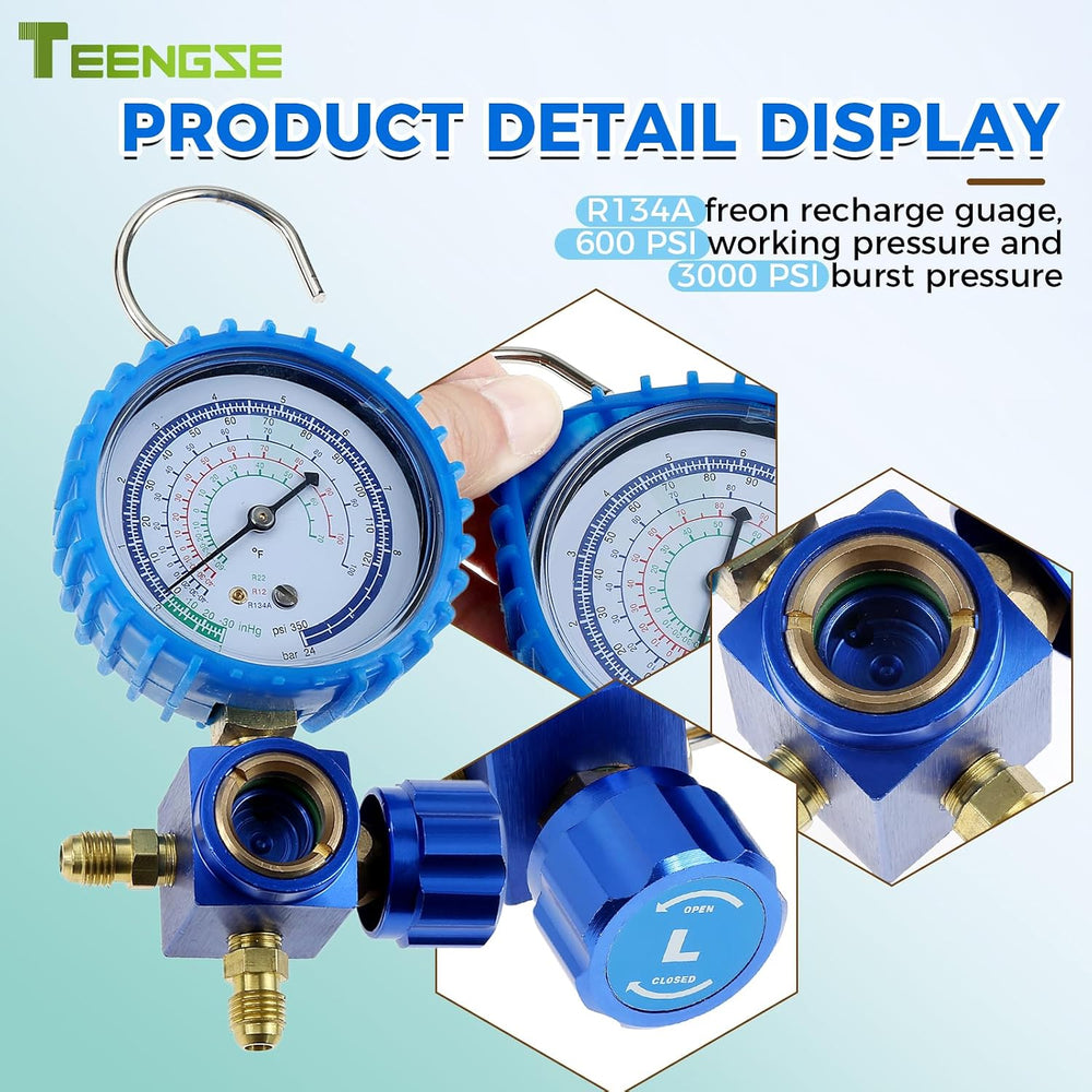R134A AC Refrigerant Recharge Kit Single Gauge w/ 3 Brass Can Taps Coupler