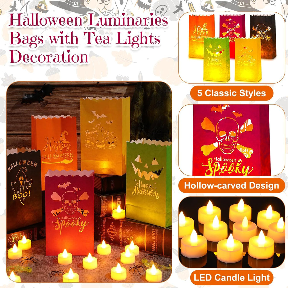 Roowest 72 Pcs Halloween Luminaries Bags with LED Lights, Flame Resistant