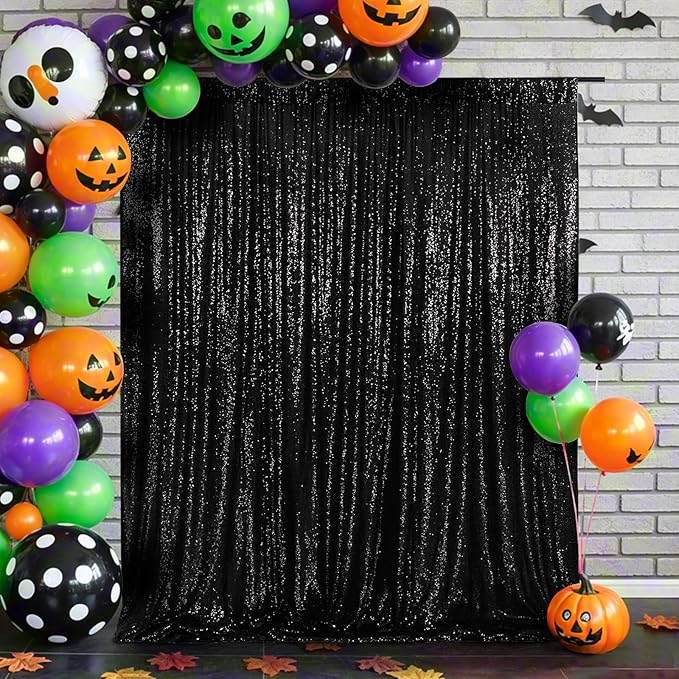Eternal Beauty Black Sequin Backdrop, 8x10 Ft Halloween Glitter Background Cu...