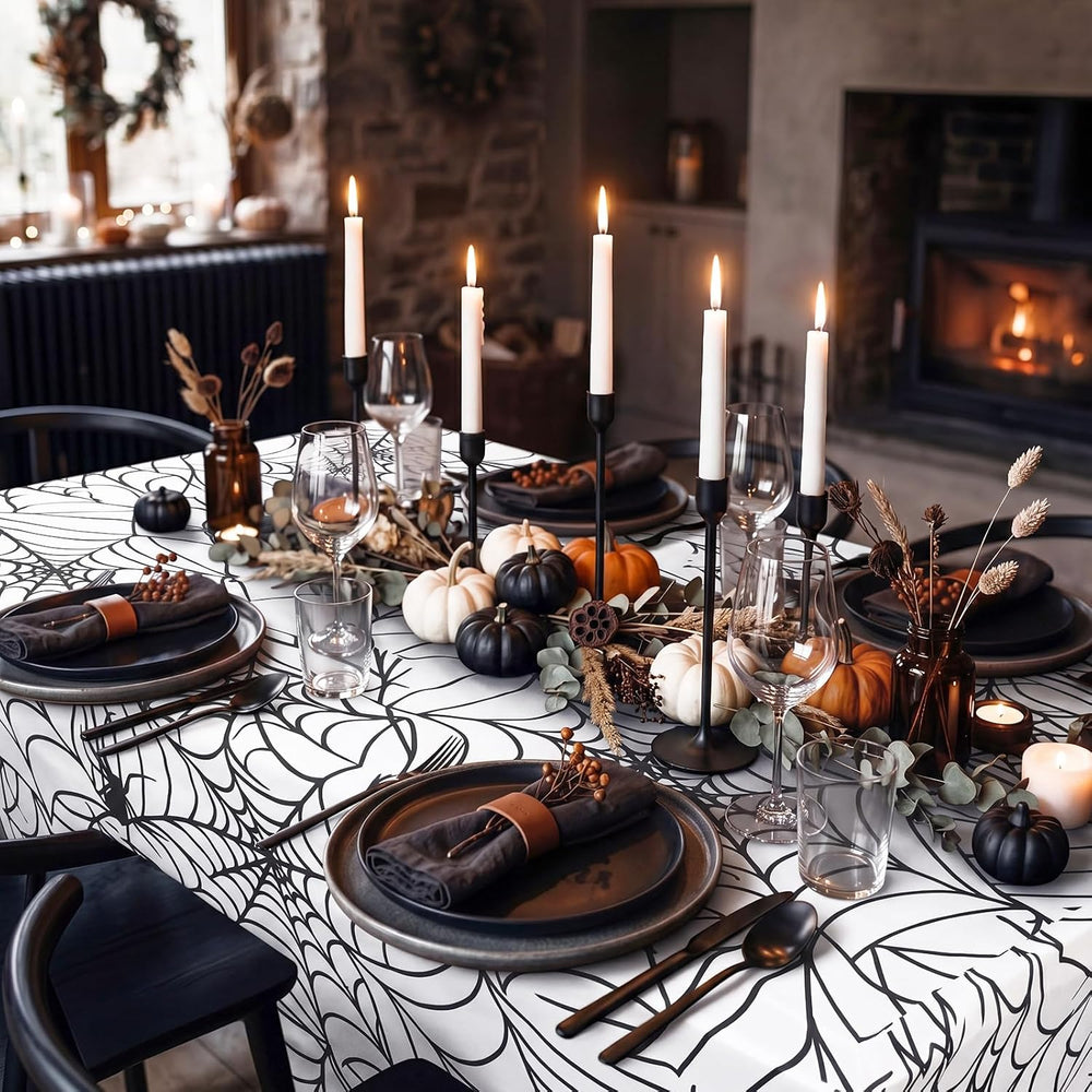 Frienda 2 Pcs Halloween Tablecloth 6ft White Spiderweb Stretch Table Covers