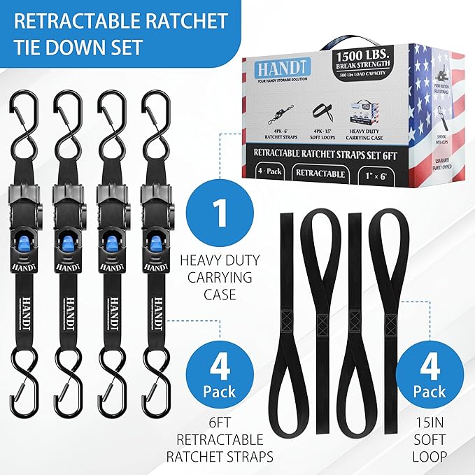 HandT USA Based Retractable Ratchet Straps 1in x 6ft (4PK)
