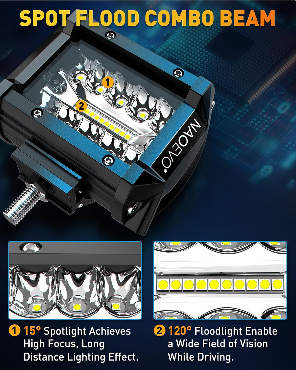 NAOEVO 4 Inch LED Pod Lights, White Fog Lights with 2-Lead Wiring Harness