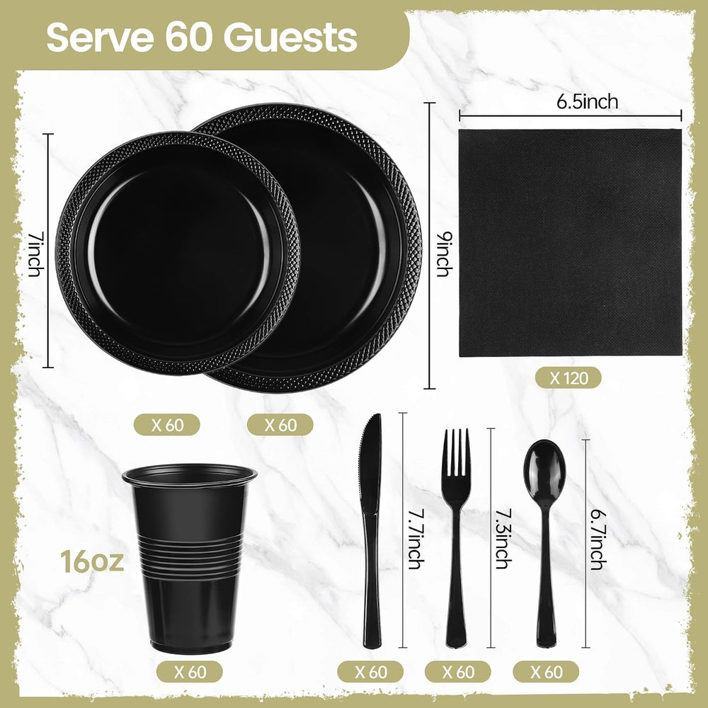 Kochorie 480 Pieces Black Plastic Dinnerware Set for 60 Guests Disposable Hea...