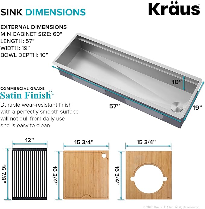 KRAUS Kore 57-inch Undermount Workstation 16 Gauge Single Bowl Stainless Steel