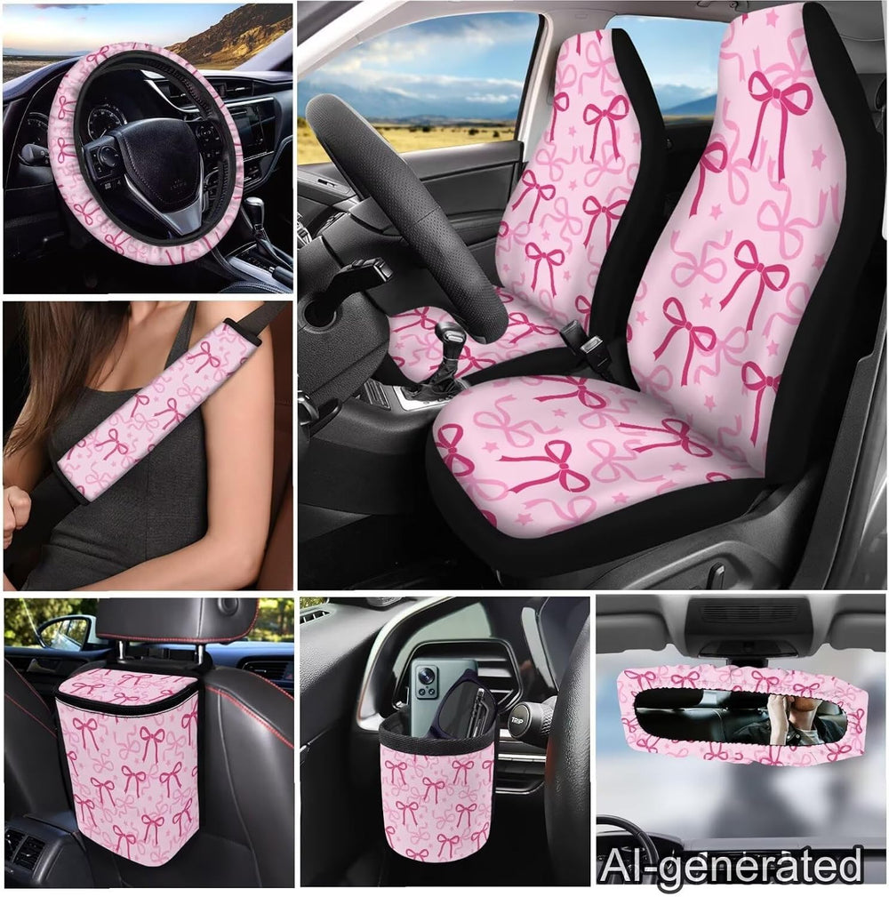 Cute Car Seat Cover Seat Protector 15 PCS, with Steering Wheel Cover Seat Bel...