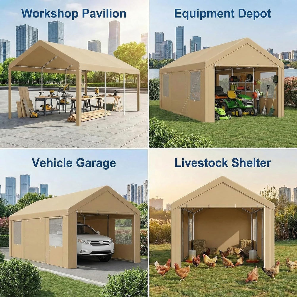 10x20 FT Heavy Duty Carport with Galvanized Frame & Sandbags, Khaki