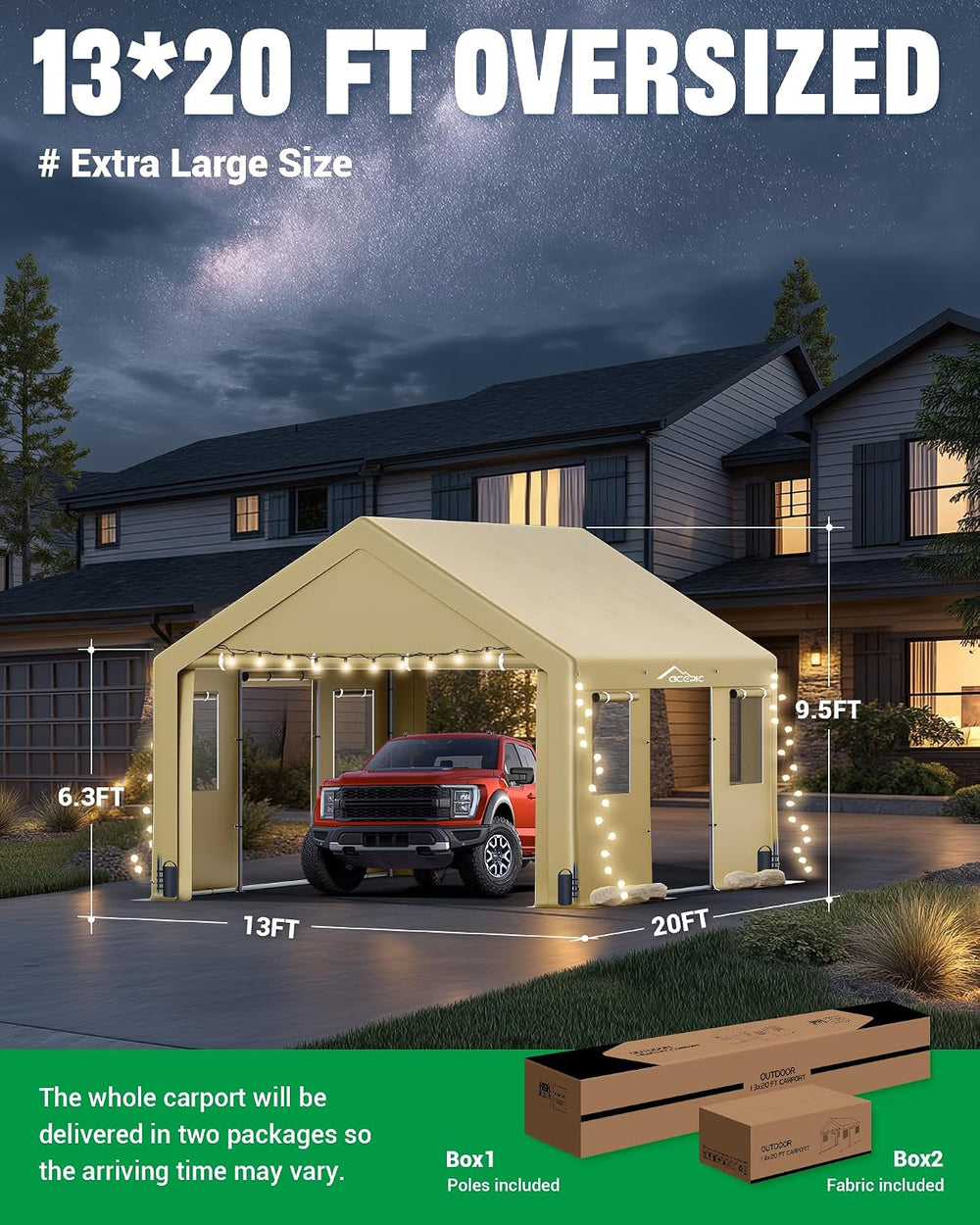 ACEPIC Upgraded 13x20ft Heavy Duty Drive-Through Carport, Khaki