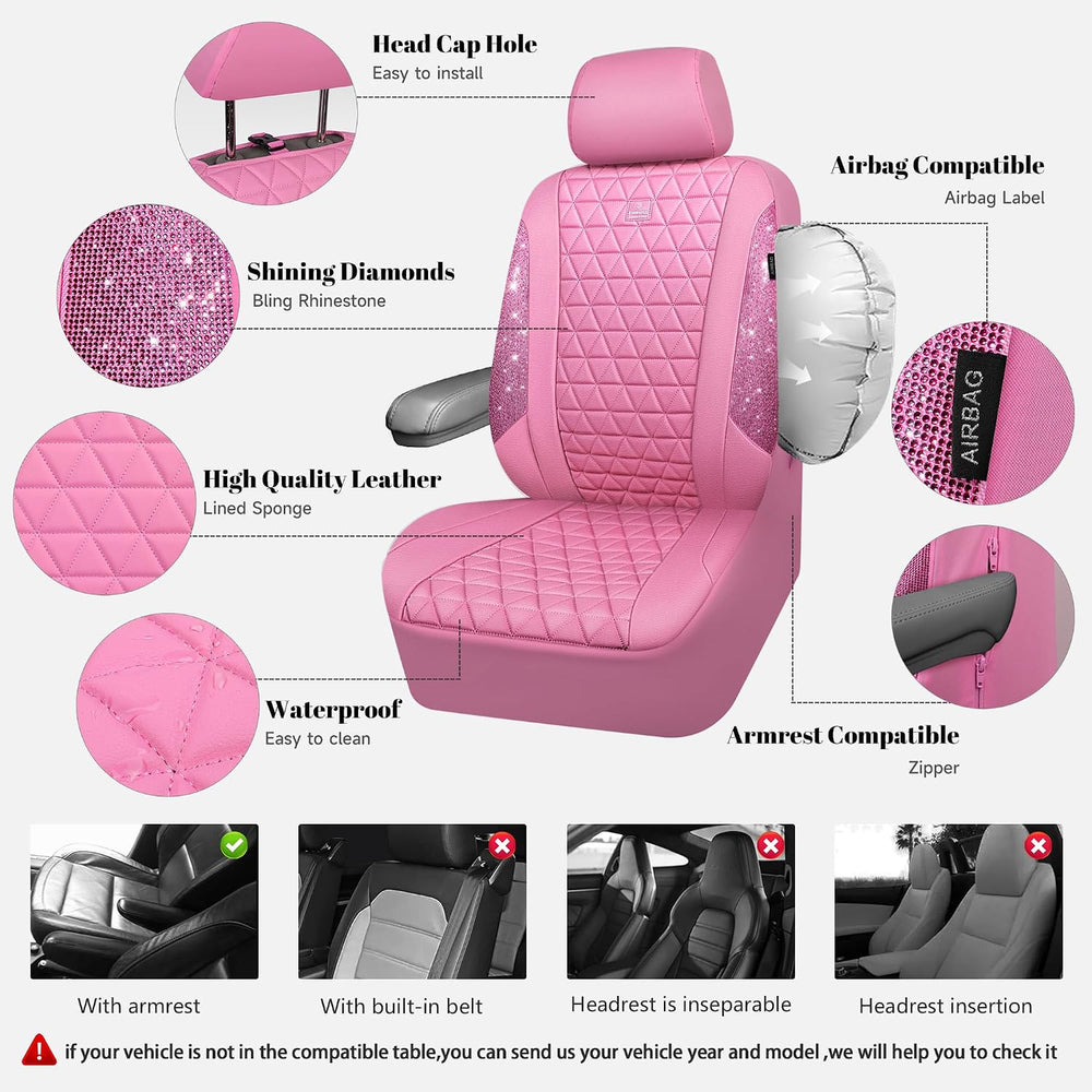 CAR PASS Bling Diamond Pink Leather Car Seat Covers for 2 Front Seats Protect...