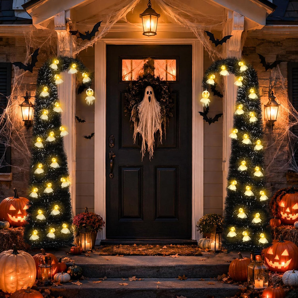 6FT Black Halloween Pop Up Christmas Tree with Ghost String Lights