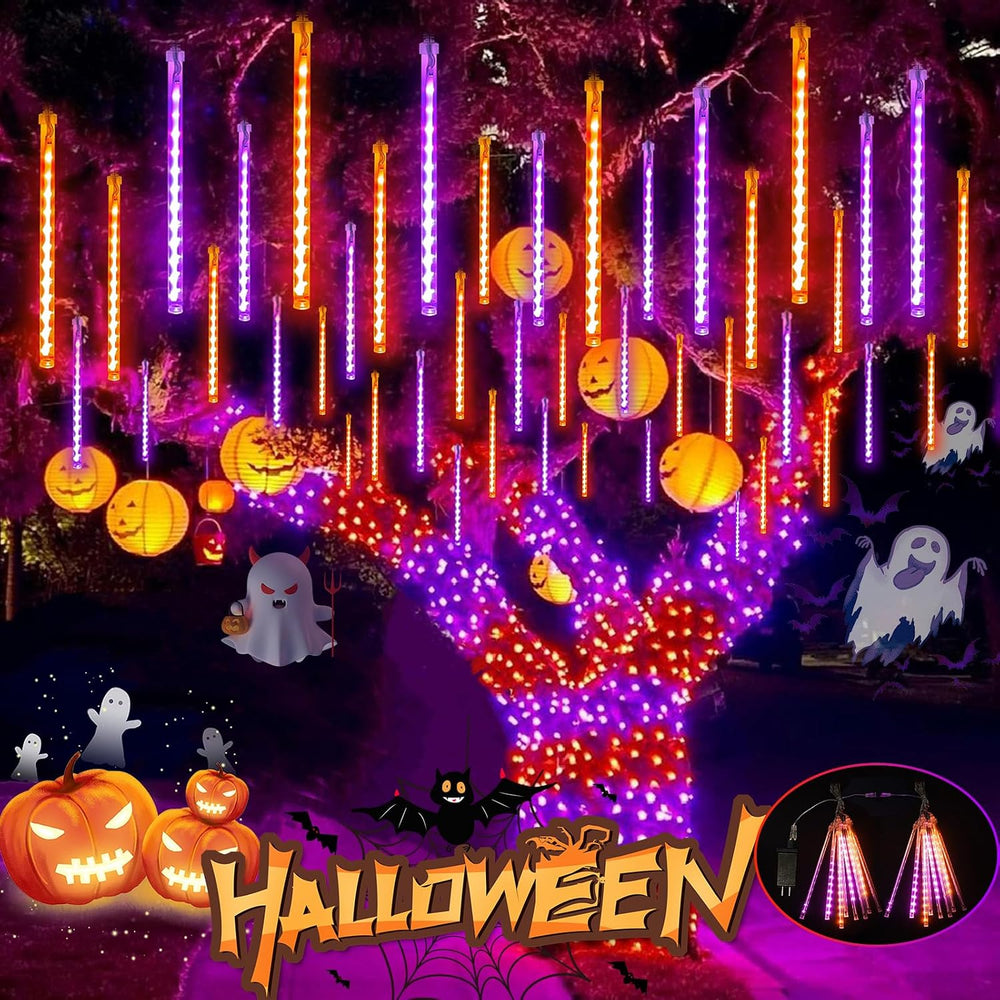 Halloween Meteor Shower Lights Outdoor 2 Pack 16 Tubes Orange and Purple