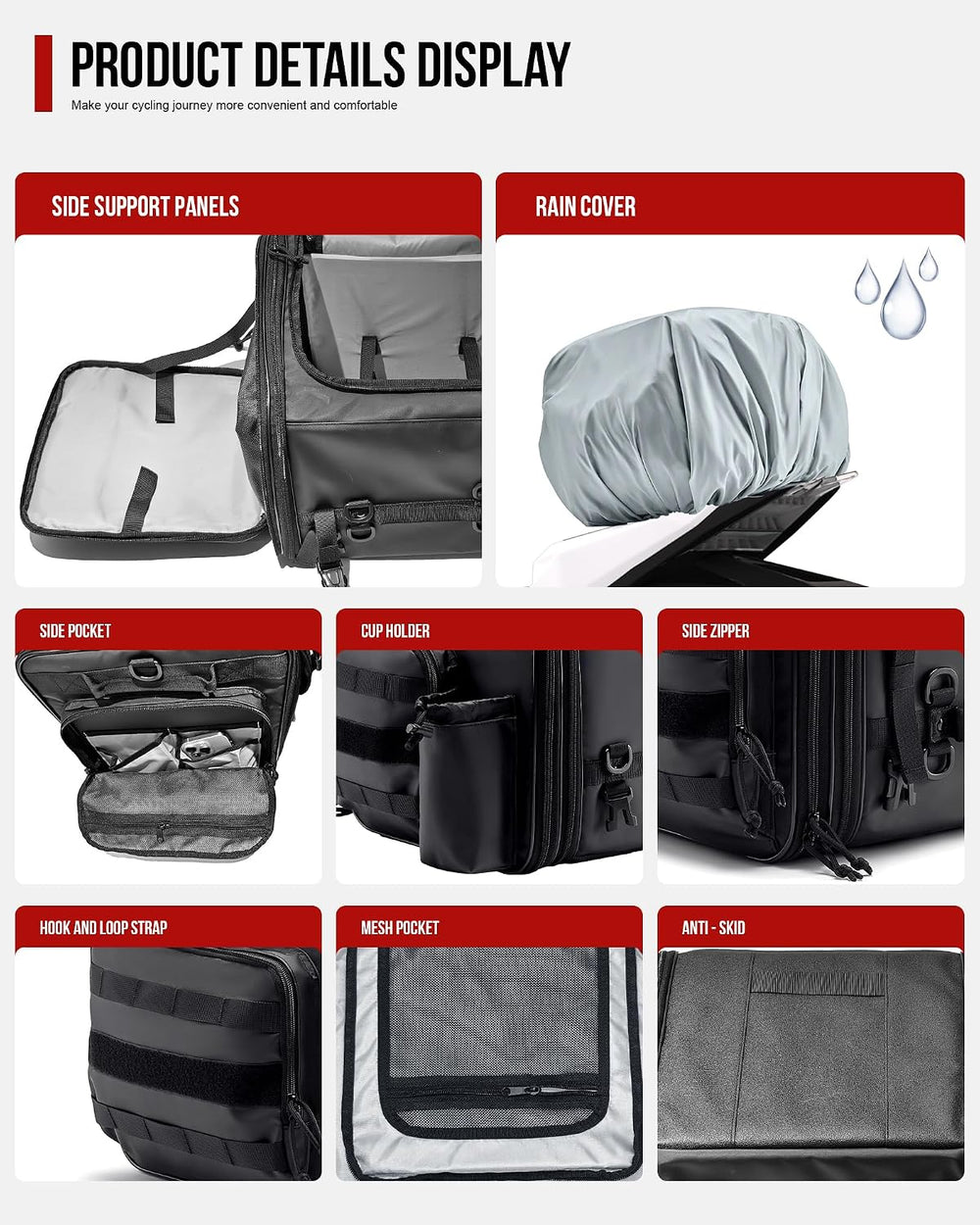 RIDEIRON Motorcycle Tail Bag, Expandable from 40L to 60L with Rain Cover
