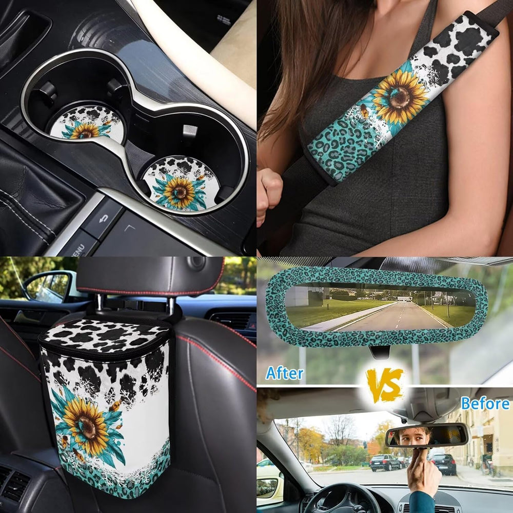 14Pcs Sunflower Cow Print Car Accessories Full Set for Women Man,Sunflower Ca...