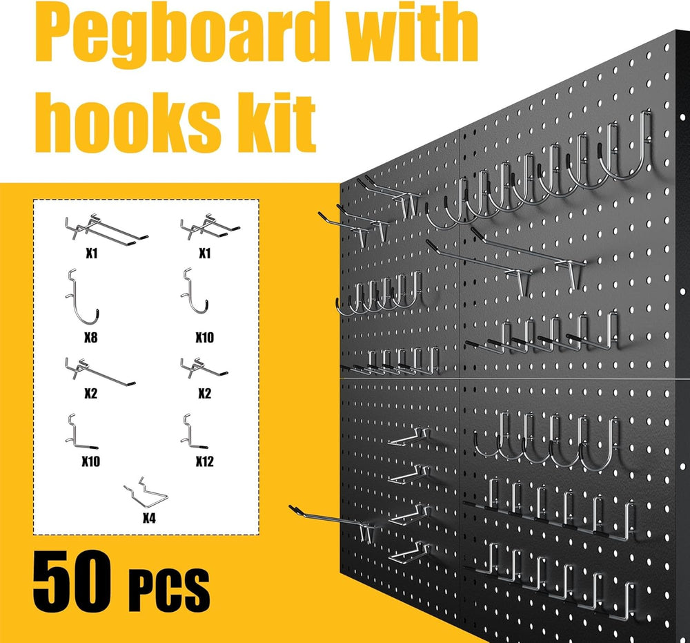 Spampur Peg Board, 4 Pack Metal Black Pegboard Panels with 50 Hooks